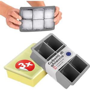 Blumtal Set di 3 stampi per cubetti di ghiaccio in silicone - Stampo per 6 cubetti di ghiaccio con coperchio - Stampo per cubetti di ghiaccio grande in silicone senza BPA - Grigio + Grigio + Giallo