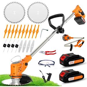 OUTIGO Tagliabordi a batteria, 4 tipi di accessori per la potatura, 2 batterie da 21 V, Pieghevole, Adatto a giardini e prati