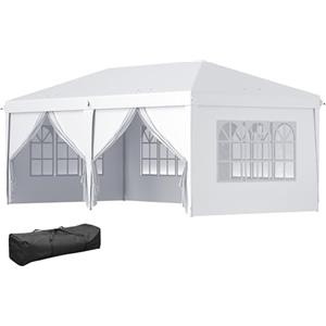 Outsunny Gazebo Pieghevole 6x3 m Pop Up con 4 Finestre e Pannelli Laterali, 2 Porte e Borsa da Trasporto, Gazebo da Esterno con 12 Fori di Draneggio in Metallo e Oxford, per Giardino, Feste, Bianco