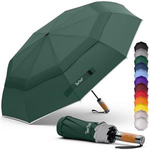 Royal Walk Ombrello da viaggio pieghevole antivento, compatto e resistente, con manico in vero legno, apertura automatica, chiusura automatica, doppia tettoia per uomini e donne, Verde scuro, L,