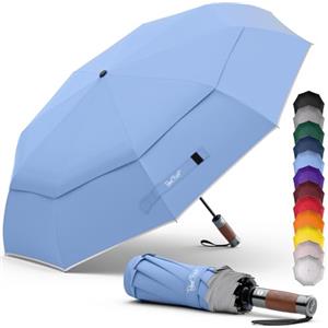 Royal Walk Ombrello tascabile, resistente alle tempeste, automatico, doppio parasole, piccolo e stabile, riflettente, con lussuoso manico in vero legno, per uomo e donna, Blu ardesia, L, Moderno