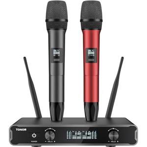 TONOR Microfoni senza fili, Cordless Dual Handheld Dynamic Karaoke Singing Mic System con Ricevitore per Karaoke, Home KTV, Matrimonio, Festa, Chiesa, 2x5 UHF Frequenze Regolabili 60M Rosso e Grigio
