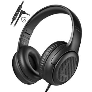 awatrue Cuffie per Bambini con Cavo, Cuffie per Bambini con Microfono, Cuffie On-ear, Limitazione del Volume 85/94 dB, jack da 3,5 mm, Design pieghevole, Sicure e Comode (Nero)