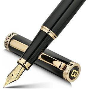 BEILUNER Penna Stilografica di Lusso, Finitura Laccata con Fregi e Pennino Dorati 24K, Regalo Affidabile con Convertitore per Lui e Lei, Penna Elegante - Nero & Oro, Pennino Fine