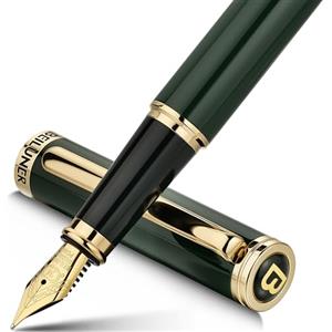 BEILUNER Penna Stilografica di Lusso, Finitura Laccata con Fregi e Pennino Dorati 24K, Regalo Affidabile con Convertitore per Lui e Lei, Penna Elegante - Verde & Oro, Pennino Medio