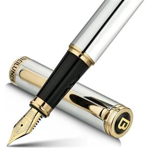 BEILUNER Penna Stilografica di Lusso, Finitura Laccata con Fregi e Pennino Dorati 24K, Regalo Affidabile con Convertitore per Lui e Lei, Penna Elegante - Cromo & Oro, Pennino Fine