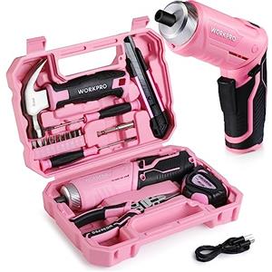 WORKPRO Set 18 di Attrezzi Rosa con Cacciavite a Batteria da 3,7V, Cassetta Attrezzi Completa con 10 Punte, Coltello, Martello, Cacciavite di Precisione, Metro a Nastro, Pinze a Becchi Lunghi