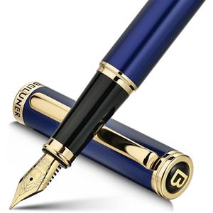 BEILUNER Penna Stilografica di Lusso, Finitura Laccata con Fregi e Pennino Dorati 24K, Regalo Affidabile con Convertitore per Lui e Lei, Penna Elegante - Blu & Oro, Pennino Fine