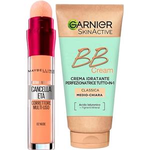 Garnier Skinactive BB Cream Crema Viso Idratante Perfezionatrice Tutto in 1 SPF25 Tonalità Medio-Chiara + Il Cancella Età Correttore Liquido Multiuso Colore 02 Nude con Applicatore a Spugnetta