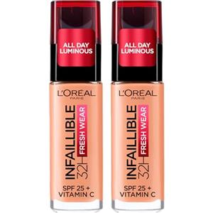 L'Oreal Paris L'Oréal Paris Infaillible Fondotinta Liquido 32H Fresh Wear SPF 25 Waterproof Traspirante Coprente Idratante a Lunga Tenuta Formula Leggera con Vitamina C Colore 220 Sable Sand - 2 Flaconi da 30 ml