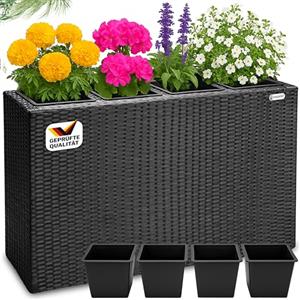 Casaria Fioriere Vaso per fiori fioriera polirattan plastica drenaggio 4 vasi interni piante fiore fiori balcone terrazza nero