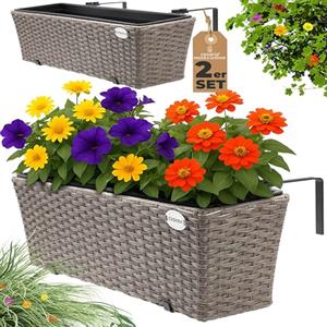 Casaria® 2x Fioriera Balcone 60cm 11L Rattan Supporto Esterno Interno Resistente agli Agenti Atmosferici e ai Raggi UV Rimovibile Ringhiera Vaso Portafiori Rettangolare Fiori Piante Crema