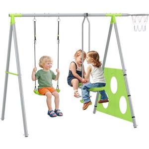 AIYAPLAY Set Altalene da Giardino 4 in 1 per Bambini 3-8 Anni con 2 Altalene, Canestro da Basket e Porta da Calcio, Altalena Doppia per Bambini, Telaio ad A in Metallo per Uso Esterno, Carico 135kg