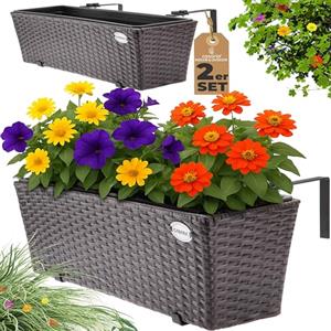 Casaria® 2x Fioriera Balcone 60cm 11L Rattan Supporto Esterno Interno Resistente agli Agenti Atmosferici e ai Raggi UV Rimovibile Ringhiera Vaso Portafiori Rettangolare Fiori Piante Marrone