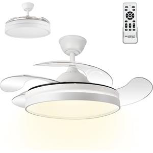Mobiclinic®, Ventilatore da Soffitto, 4 Pale Retrattili, 6 Velocità, Oasis, 3 Modalità di Illuminazione, Telecomando, Funzione Estate-inverno, Timer, Silenzioso, Luce LED, Motore DC, 32W