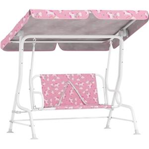 AIYAPLAY Dondolo per Bambini da Esterno a 2 Posti con Tettuccio Regolabile e Cinture di Sicurezza, Altalena Dondolo da Giardino e Interno in Acciaio e Oxford, Max 60 kg, 112x75x120 cm, Rosa Bianco