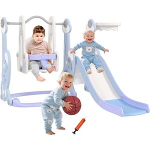 AIYAPLAY Scivolo per Bambini 4 in 1, Scivolo da Giardino Autoportante con Altalena, Scaletta da Arrampicata e Cestino da Basket, Set Parco Giochi per Interni ed Esterni, Cameretta, 18-48 Mesi, Azzurro