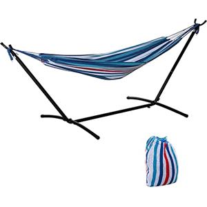 Outsunny Amaca da Giardino Sospesa 310x117 cm con Altezza Regolabile e Supporto, Capacità 120 kg, Amaca Autoportante con Borsa di Trasporto, per Campeggio, Giardino, Balcone, Patio, Azzurro e Bianco