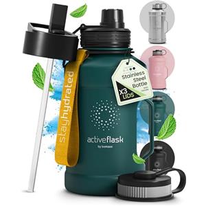 BeMaxx Borraccia in acciaio inox Active Flask + cannuccia (3 tappi) | 1,3/2,2 litri bottiglia sportiva senza BPA a prova di perdite per bibite gassate, 2l XL bottiglie Sport Outdoor Palestra Acqua