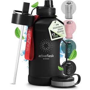 BeMaxx Borraccia in acciaio inox Active Flask + cannuccia (3 tappi) | 1,3/2,2 litri bottiglia sportiva senza BPA a prova di perdite per bibite gassate, 2l XL bottiglie Sport Outdoor Palestra Acqua
