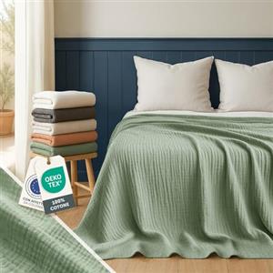 Blumtal Coperta Mussola Matrimoniale 150x200 cm - Certificata OEKO-TEX - Cotone Estivo 100% - Telo Copridivano Colore Verde