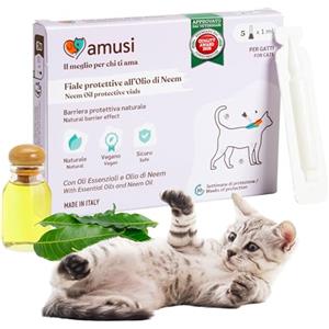 amusi Fiale Protettive Olio di Neem per Gatti - 5 Pipette Gatti da 1 ml - Antiparassitario - Antipulci Gatto Contro Zecche Pulci Zanzare Pidocchi - Lunga Durata e Protezione Effetto Scudo