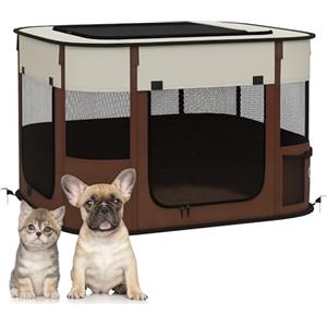 PawHut Box per Animali Domestici con 6 Finestre, 3 Porte e 2 Borse Portaoggetti, Recinto per Cani in Tessuto Oxford e Acciaio, 74x60x45 cm, Marrone