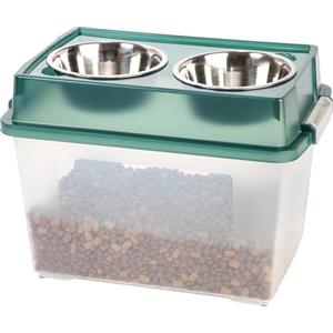 Iris Ohyama, Ciotola Rialzata con Supporto in Scatola di Plastica, 21L,Verde, Mangiatoia rialzata per Cane, Gatto, con Doppia Ciotola, Acqua, Cibo, Clip, Solida, Contenitore Crocchette, Senza BPA,FS-L