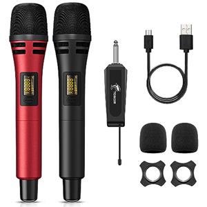 TONOR Microfono senza fili, UHF Sistema Karaoke con Due Microfoni Dinamici, Microfoni Inalambrici con Ricevitore Ricaricabile Kit per Canto, Matrimoni, DJ Party, Discorsi, 60M, Nero&Rosso, TW320