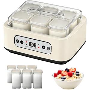 Ysislybin Yogurtiera, Macchina per Yogurt da 1,6L con 6 Vasetti da 250 ml Yogurtiera con Impostazione del Timer da 1 a 99 ore Controllo Della Temperatura da 21 a 48°C e LCD Display per Yogurt Natto Vino di Riso