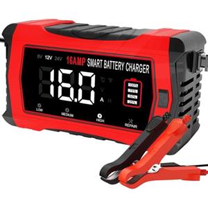 HTRC Caricabatterie Auto 16A, 6V/12V/24V Carica Batteria per Auto, Carica batteria Intelligente con Schermo LCD 4 Modalità per Barche SUV Moto Litio, LiFePo4 e Piombo Acido(AGM, GEL, MF, EFB, SLA)