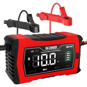 HTRC 10A Caricabatteria da Auto 12V/24V Multi Protezioni e Mantenitore, Intelligente Schermo LED Completamente Automatico, per Batterie al Lithium LiFePO4 e Piombo Acido(AGM, GEL, MF, EFB, Ecc)