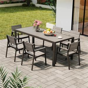 Devoko HDPS Set Tavolo e Sedie da Giardino 7 Pezzi Resistente alle Intemperie, Completo di Tavolo 189 cm e 6 Sedie da Esterno in Alluminio, Finitura a Vena di Legno e Facile da Manutenzionare (Grigio)