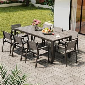 Devoko HDPS Set Tavolo e Sedie da Giardino 9 Pezzi Resistente alle Intemperie, Completo di Tavolo 189 cm e 8 Sedie da Esterno in Alluminio, Finitura a Vena di Legno e Facile da Manutenzionare (Grigio)