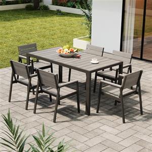 Devoko HDPS Set Tavolo e Sedie da Giardino 7 Pezzi Resistente alle Intemperie, Completo di Tavolo 150 cm e 6 Sedie da Esterno in Alluminio, Finitura a Vena di Legno e Facile da Manutenzionare (Grigio)