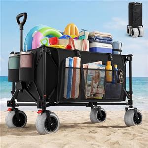 Devoko Carrello da Spiaggia Pieghevole 200L 150KG, Carrello Spiaggia per Tutti i Terreni con Ruote PU Extra Larghe 21.5x10 cm, Carretto Pieghevole Maniglia Regolabile 90° per Spiaggia, Campeggio(Nero)