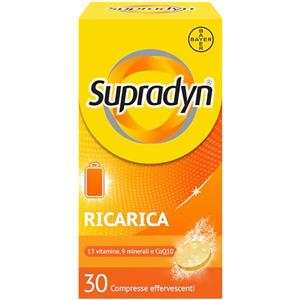 Supradyn Ricarica Multivitaminico Completo Vitamine e Minerali per Adulti, Integratore Vitamine A, B, C, D3, E, K, Magnesio, Calcio, Zinco, Selenio e Q10, Gusto Arancia 30 Compresse Effervescenti