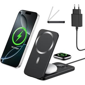 XNYAND Caricatore Wireless 3 in 1 Compatibile MagSafe, Stazione di Ricarica Magnetica Pieghevole 15W per iPhone 17/16/15/14, Apple Watch e AirPods Dock di Ricarica Wireless per Scrivania Comodino e Viaggio