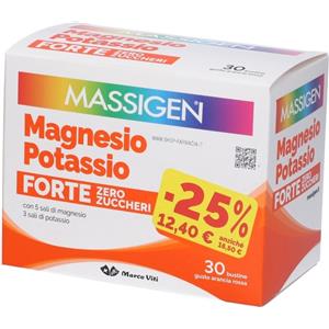 Massigen Magnesio e Potassio Forte Zero Zuccheri - 30 Bustine Gusto Arancia Rossa