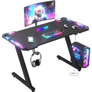 JUMMICO Scrivania Gaming LED 120x60 cm - Tavolo da Gaming con Luci RGB a Controllo Tattile, Piano in Fibra di Carbonio Nero, Ganci per Cuffie, Design Ergonomico, Scrivania PC per Setup Gamer Professionale
