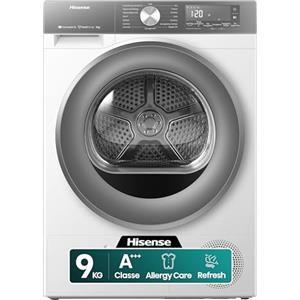 Hisense DH3S902BWCCA Asciugatrice a Pompa Di Calore, 9 Kg, A+++/C, Big Display, 16 programmi, Refresh, WiFi, Porta Reversibile, Bianco/Silver