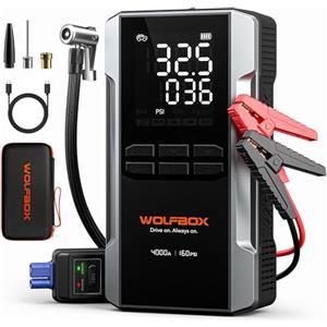 WOLFBOX Avviatore di emergenza da 4000 A con compressore d'aria, batteria portatile per auto da 24000 mAh e 160 psi, ricarica rapida 65 W, 12 V (Veicoli a benzina o diesel <10L)