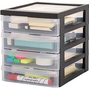 Iris Ohyama Cassettiera in Plastica, Portaoggetti, 4 Cassetti Medi, Nero, Apertura Facile, Formato A5, Trasparente, Per Ufficio, Documenti, Forniture, File, Contenitore, Senza BPA, DC-A5
