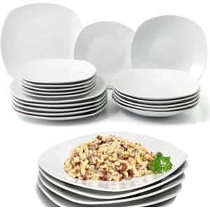 Shally Dogan Servizio di Piatti da Portata 18 Pezzi in Porcellana da Tavolo per 6 Persone, Set Composto da 6x Piatto Piano, 6x Fondo, 6x Dolce e Frutta, Design Moderno Liscio (Bianco Squadrato)