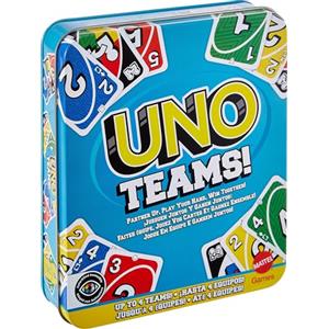 Mattel Games - UNO Teams confezione in metallo, versione a squadre da due dell'iconico gioco, regole speciali e nuove carte Squadra Jolly, fino a 4 squadre, giocattolo per bambini, 7+ anni, JDM40