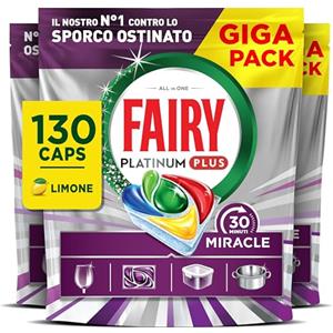 Fairy 30 Minuti Miracle Detersivo Pastiglie Lavastoviglie, 130 Capsule, Limone, Il Nostro N.1 Contro Lo Sporco Ostinato, Potente Anche Nei Cicli Brevi, Mega Pack