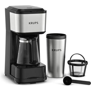 Krups Simply Brew Caffettiera con filtro 3 in 1, 3 opzioni di erogazione, Caffè Americano, caraffa in vetro resistente al calore, tazza da viaggio in acciaio inossidabile a doppia parete, KM207D