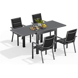 Devoko 4 Persone Set Tavolo e Sedie Da Giardino In Alluminio, 4 Sedie Impilabili e 1 80-160CM Tavolo Da Giardino Allungabile In Alluminio, Set Da Giardino Esterno, Grigio Scuro