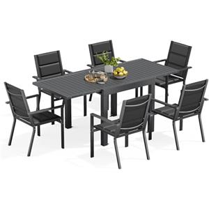 Devoko 6 Persone Set Tavolo e Sedie Da Giardino In Alluminio, 6 Sedie Impilabili e 1 80-160CM Tavolo Da Giardino Allungabile In Alluminio, Set Da Giardino Esterno, Grigio Scuro