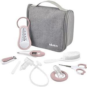 BÉABA - Set per la Cura del Bambino, Kit Completo de 9 Accessori: Termometro da Bagno Digitale, Aspiratore nasale, Massaggiatore di Gengive, Borsa da Toilette da Viaggio, Old Pink